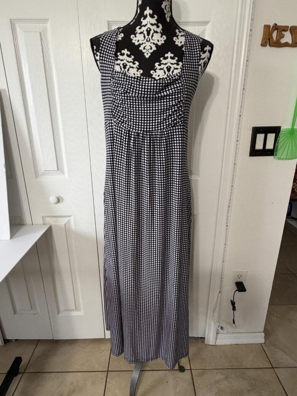Studio Donatella Dress Womens M Black Polka Dot Sleeveless Cowl Neck Maxi Jersey